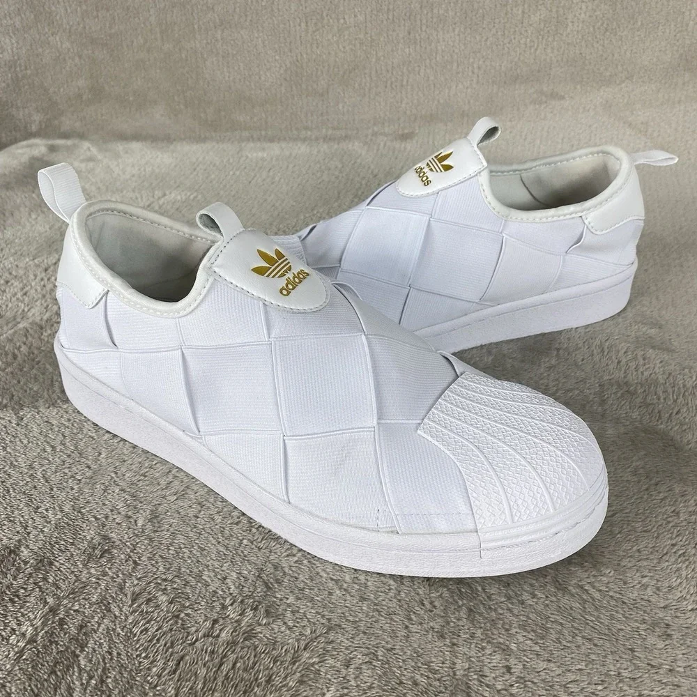 adidas Superstar Slip On Womens Shoes Size 9.5 White Gold Casual Court Sneakers